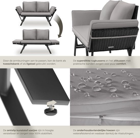 tectake® 2-in-1 Wicker Tuinbank Sintra - Verstelbare Leuningen - Tuinset - Ligbed - Balkon Loungebank - Incl. Kussens - Outdoor Loungesofa - UV- en Weerbestendig Zonnebed - Lichtgrijs/Zwart