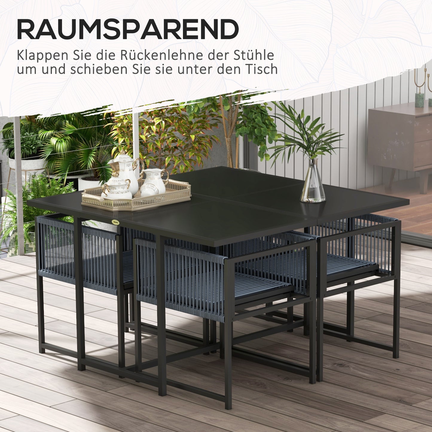 Outsunny 5-delige Tuinmeubelset voor 4 Personen - Tafel 120 x 120 x 72 cm - 4 Opvouwbare Stoelen - Gehard Glas - Donkergrijs
