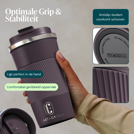 Castagnola Thermosbeker - Koffiebeker To Go - Travel Mug voor Koffie en Thee - Theebeker - 510 ML - RVS - Bruin