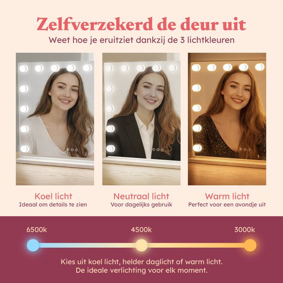 Fraay® Hollywood Spiegel met Verlichting 60x50cm - 3 Lichtstanden - Luxe Make Up Spiegel met 10x Vergrootspiegel - LED Verlichting Dimbaar - Incl. 2 Beauty Blenders en Powder puff