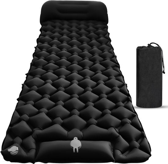 Outbee Slaapmat Zelfopblazend - Luchtbed Met Ingebouwde Voetpomp & Hoofdkussen - 1 Persoons - Zelfopblaasbaar Slaapmat - Luchtmatras Incl. Draagzak - 195x60x5 cm - Zwart