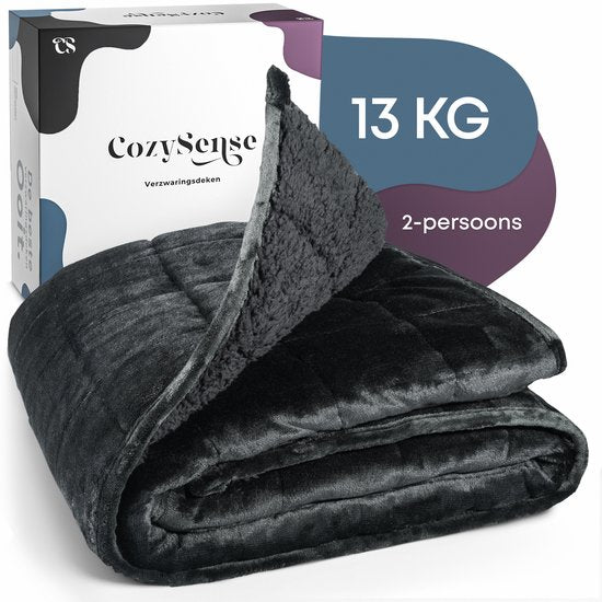 CozySense® Verzwaringsdeken 13 kg - 2-persoons - Weighted Blanket - Zwaartedeken - GLASS-Flow® Drukverdeling - Verzwaarde Deken - Flanelfluweel & Sherpa - Zwart
