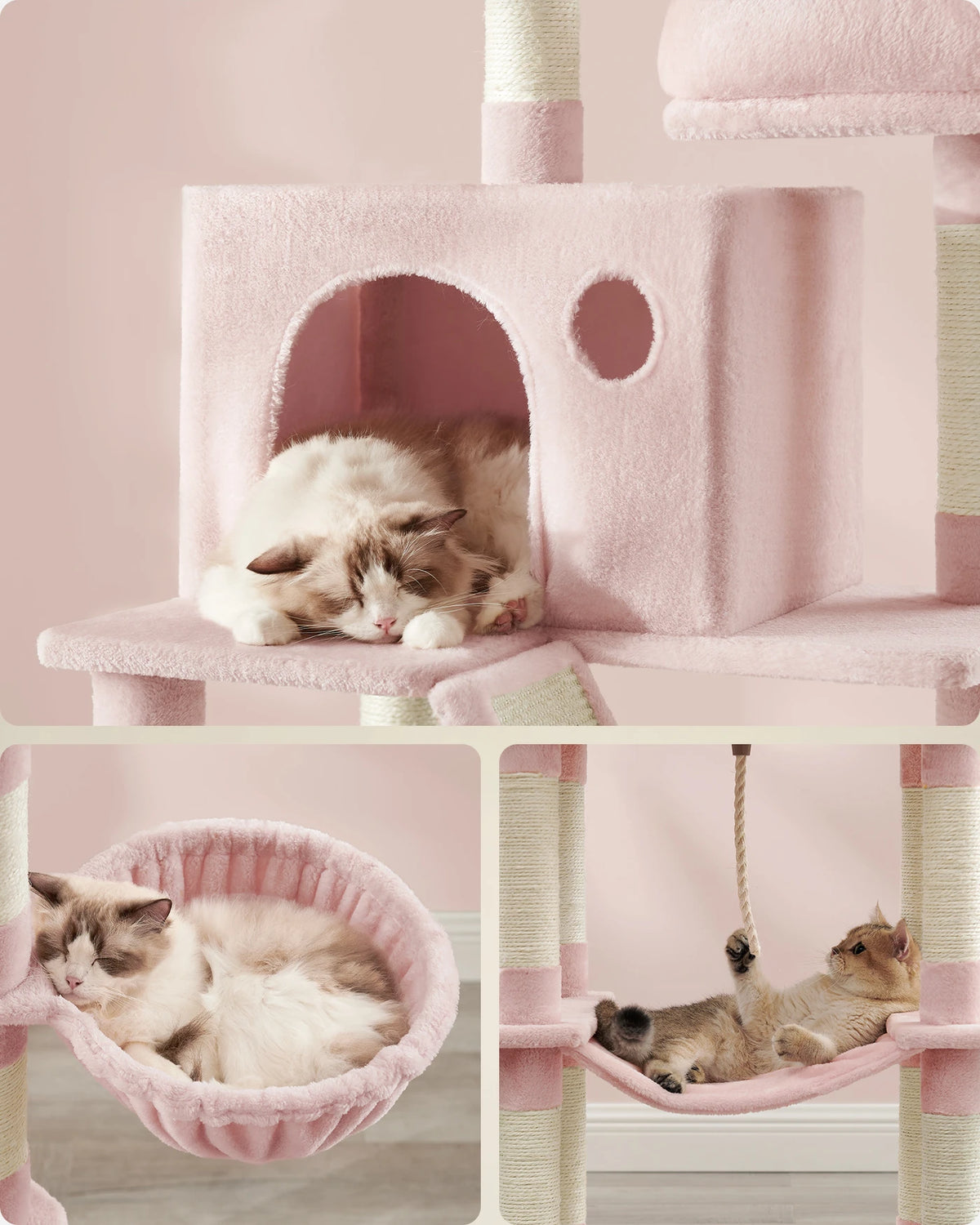 Joyfurnos Krabpaal 206 cm - XXL Kattentoren met 13 Krabstammen, 2 Kattenhuisjes & Hangmat - Roze