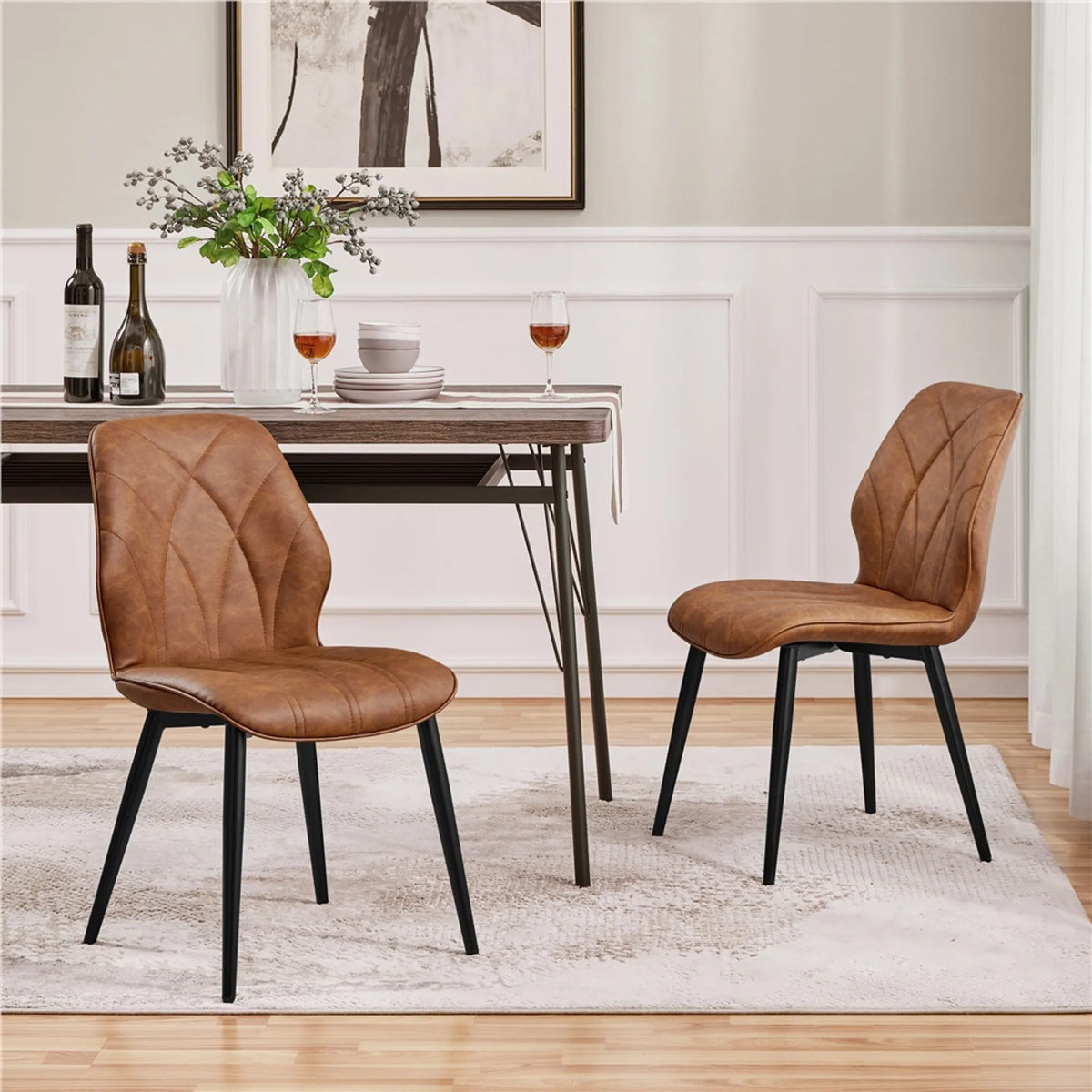 Eetkamerstoelen Set van 2 met Hoge Rugleuning en Metalen Poten Kunstleer Roestbruin