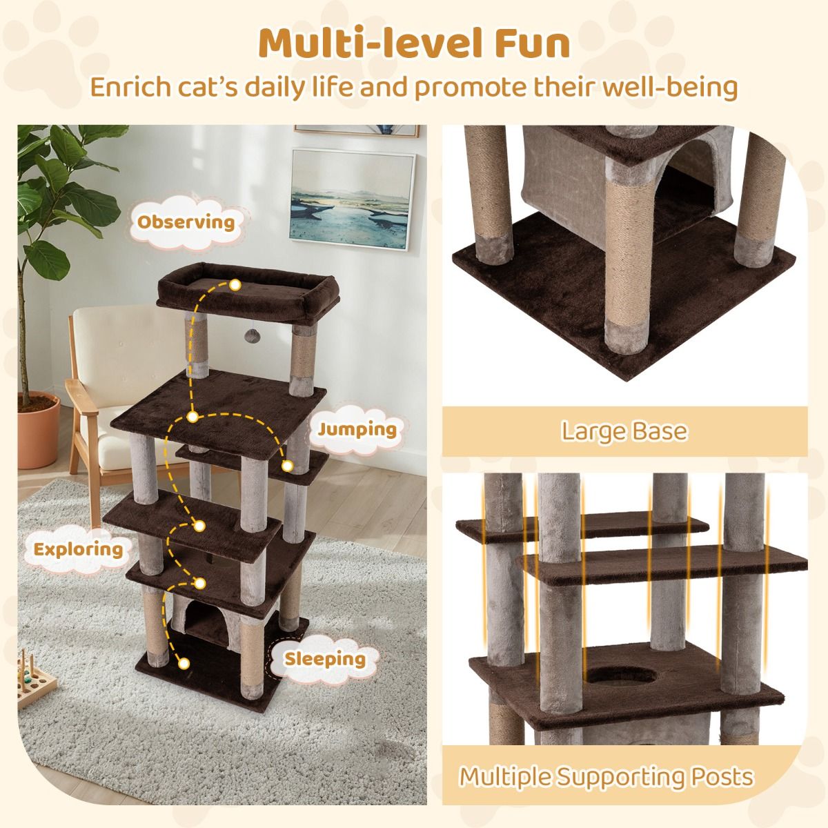 Coast Krabpaal voor katten - meerdere niveaus - schommelend kattenhuis - pluche ligbed - bruin - 56 x 56 x 148 cm