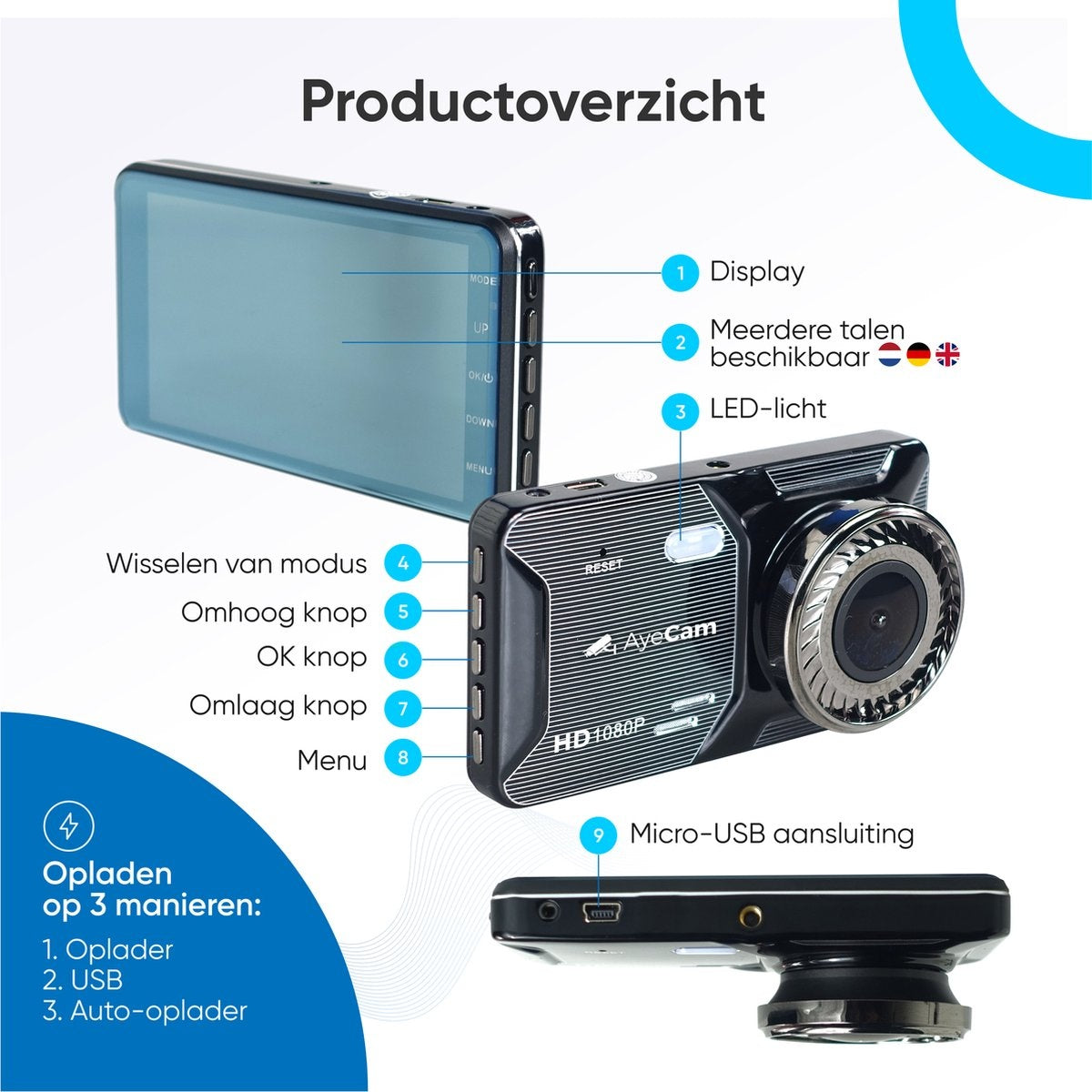 AyeCam Dashcam Pro – Dashcam voor Auto voor en Achter - FULL HD & Nachtvisie – G-Sensor - Incl. 32GB SD
