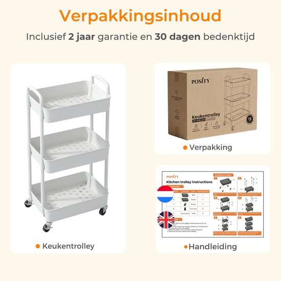 Posity Keukentrolley op wieltjes – Serveerwagen / Opbergtrolley / Keukenrek / Trolley Keuken – Verrijdbaar en Vast – 3 Lagen – Kunststof – Wit