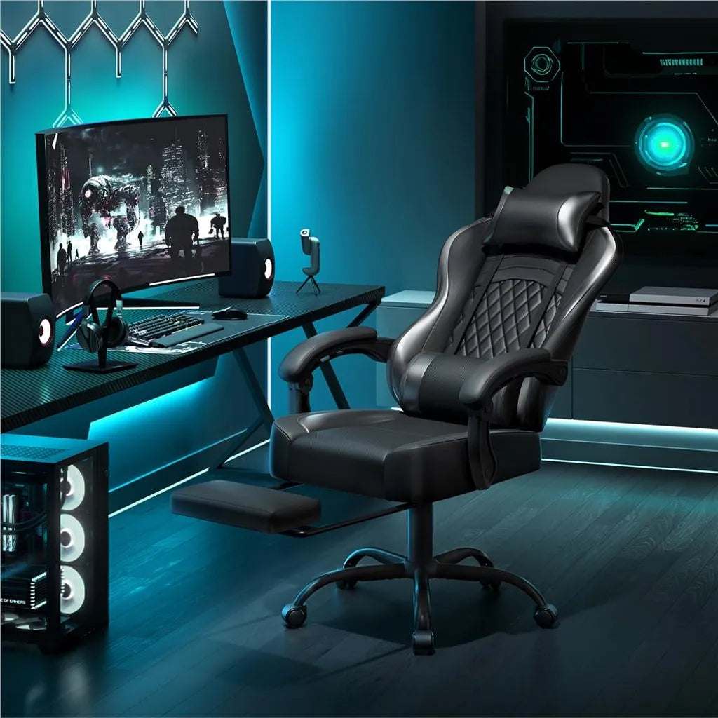 Yaheetech Gamingstoel 72 × 72 × 124,5–134 cm – Zwart – Ergonomische Gamestoel met Massagefunctie, Voetensteun en Verstelbare Hoogte