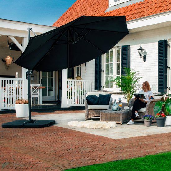 VONROC Premium Zweefparasol Bardolino Ø300cm – Incl. kruisvoet & beschermhoes – Ronde parasol – 360 ° Draaibaar - Kantelbaar – UV werend doek - Zwart