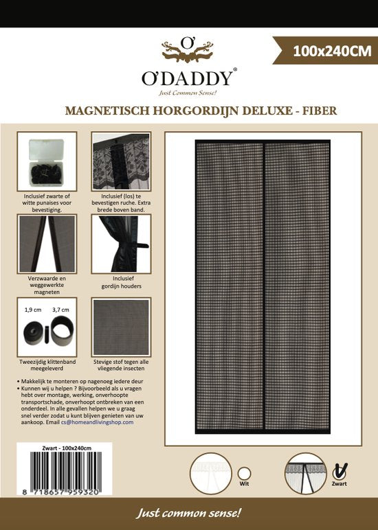 O'DADDY - Deurgordijn Deluxe FIBER - Magnetisch Vliegengordijn - Voor Nieuwbouw en Standaard Deuren - Eenvoudige Installatie - 100 x 240 cm - Zwarte Hor