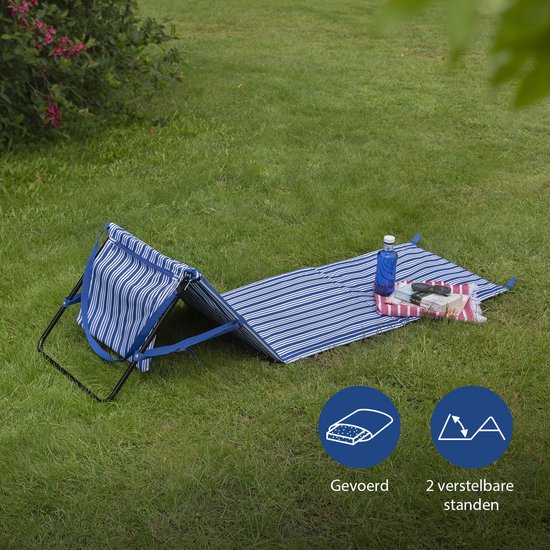 Campart Strandstoel en Strandligbed BE-0421 - Stretcher en Stoel Inklapbaar - Strandmat met verstelbare rugleuning - Met afneembaar hoofdkussen - Blauw Wit