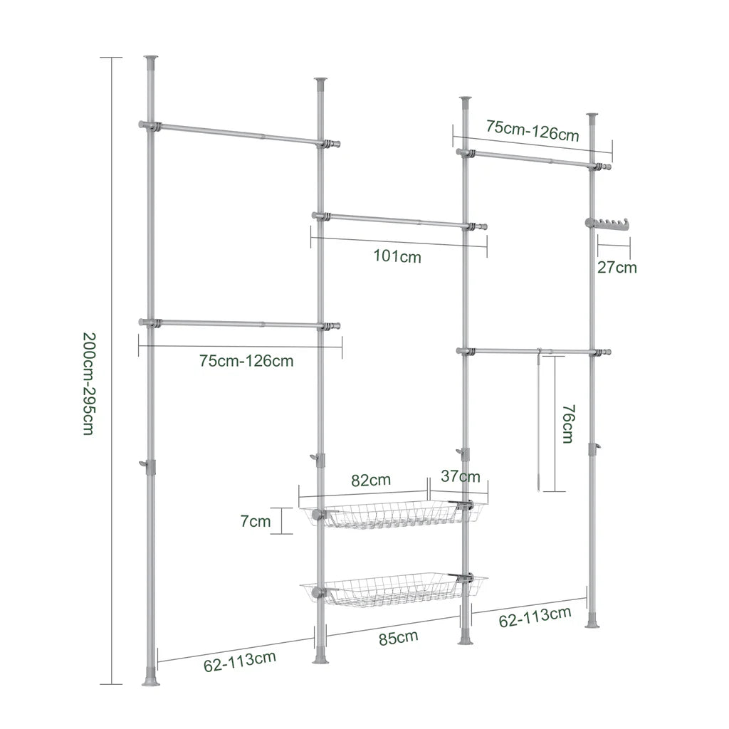 SoBuy KLS04-II-HG Telescoopstang Kledingrek met 5 Kledingstangen en 2 Manden