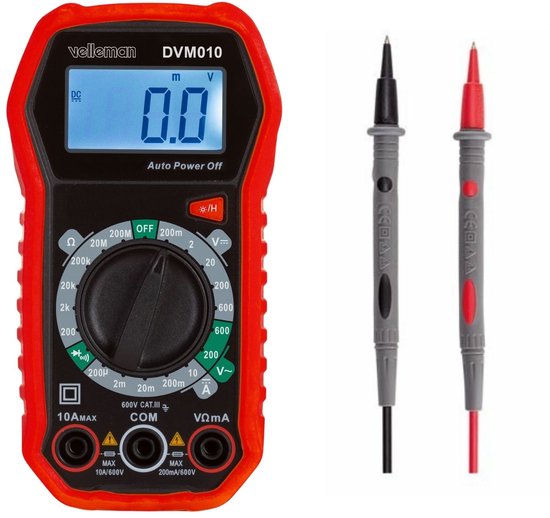 Velleman Digitale multimeter, geschikt voor het meten van AC/DC-stroom, AC/DC-spanning, weerstand, transistor, diodes en continuïteit, inclusief meetsnoeren