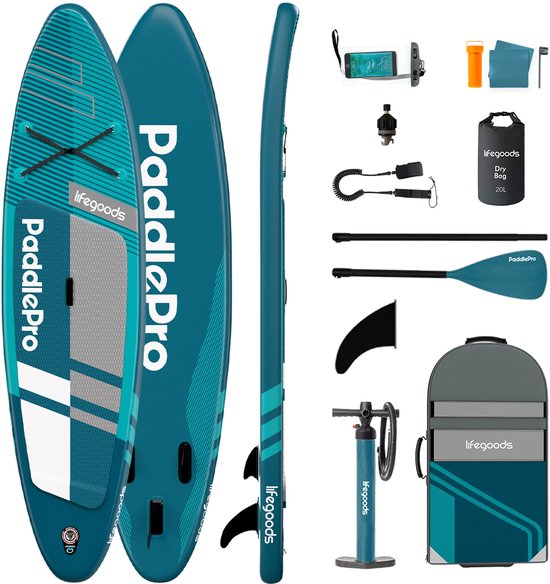 LifeGoods PaddlePro SUP Board Pro - Pro Set - Opblaasbaar Paddle Board - Max. 150KG - 320x81cm - Diep Aqua
