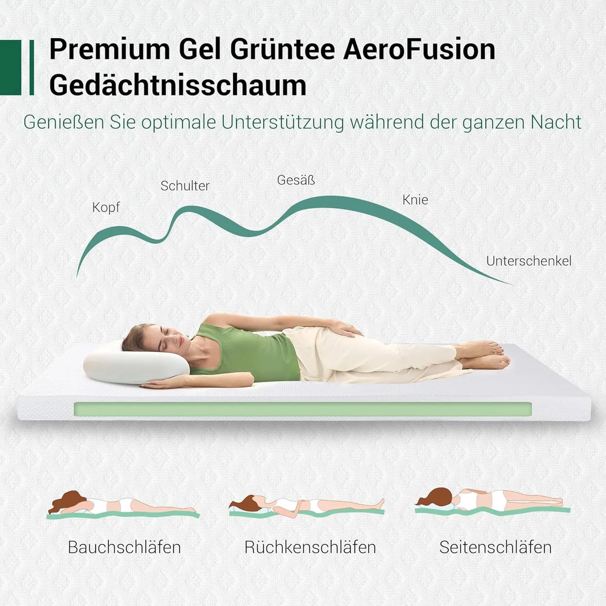 Ego Home Gel Matrastopper 140 x 200 x 9 cm - Koudschuim met Groene Thee - Hardheid H2 - Afneembare Wasbare Hoes