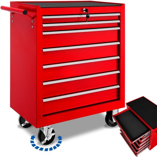 tectake® - Gereedschapswagen met 7 lades - werkplaatswagen, rijdende werkplaats, lege gereedschapswagen, gereedschapskist, 7 laden, 69 x 33 x 79 cm, wielen met rem, incl. 2 sleutels - rood