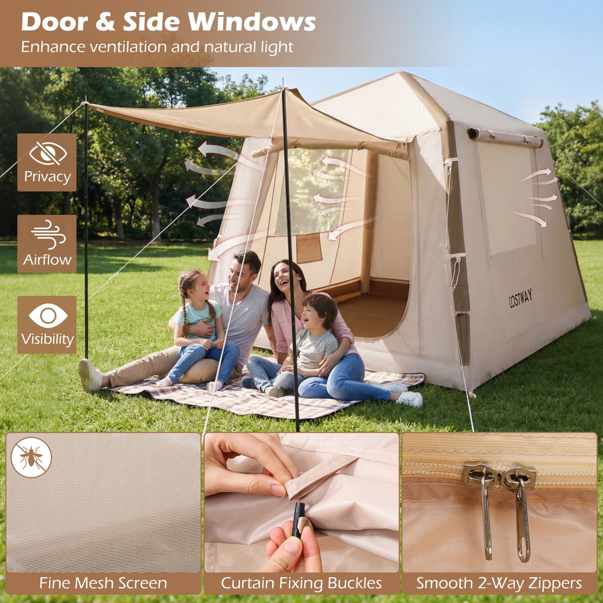 Coast Opblaasbare Campingtent - 2 tot 4 personen - Inclusief pomp en draagtas - Khaki - 210 x 210 x 180 cm