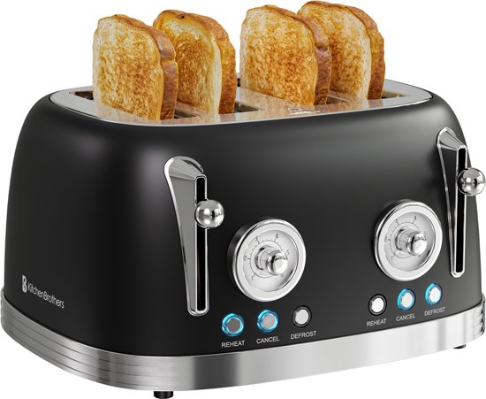 KitchenBrothers Retro Broodrooster - Toaster - 6 Warmteniveaus - 4 Extra Brede Sleuven - 815W - Zwart