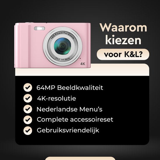 K&L Digitale Camera 4K - 64MP - Fototoestel - Compact Camera - Vlog Camera - Voor Kinderen - Inclusief 64GB - NL Software