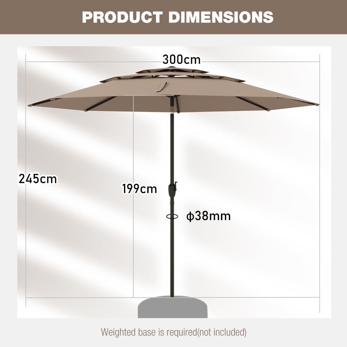 Coast Lichtbruine Tafelparasol 300 cm – 3-Lagen Zonnescherm met Kantelmechanisme en Handslinger – Tuinparasol met 8 Ribben en Geventileerde Kap