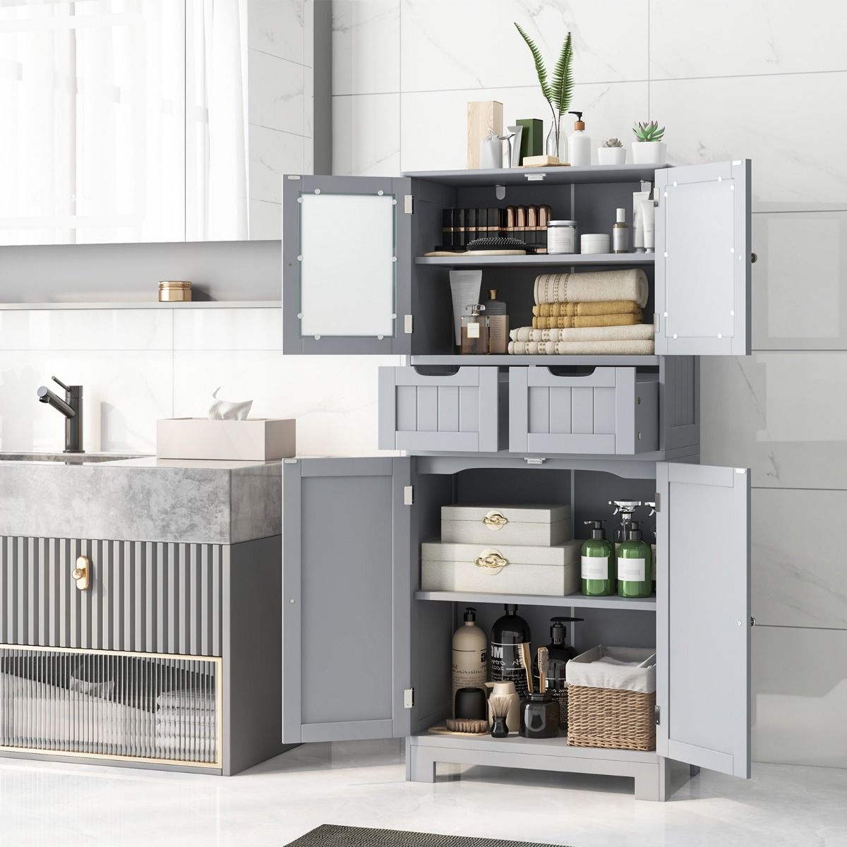 Coast Staande Kast 4 Deuren met 2 Glazen Deuren, 2 Lades en Verstelbare Planken – Grijs, 60 x 30 x 128 cm