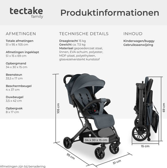 tectake® Buggy Kinderwagen Finn - Lichtgewicht plooibuggy - Inklapbaar en met opvouwbare kap - Zonwerend - Draagkracht 15kg - Antraciet