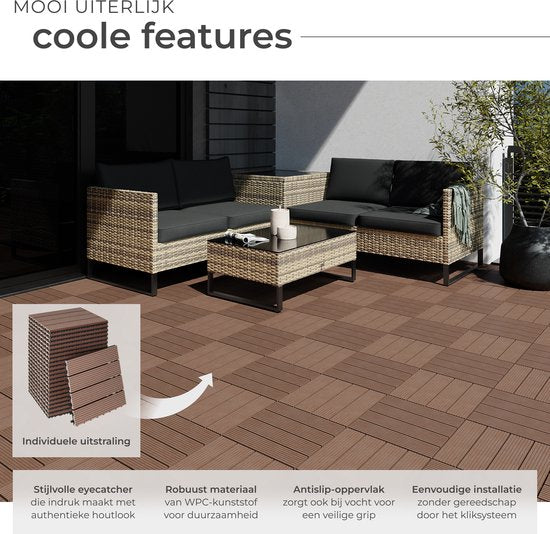 tectake® WPC houten tegels - Houtlook tegels - Weerbestendig - Vloerbedekking voor buiten - Vloertegels - Balkonvloer - Terrastegels met kliksysteem - Afvoer - Set van 22 - Bruin