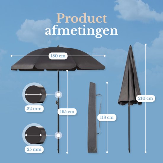 O’DADDY® Parasol Set – Kantelbaar & Verstelbaar – Waterdicht – UV-Bestendig – Met Grondboor & Draagtas – Strand, Tuin & Balkon – 180 cm – Donker Grijs