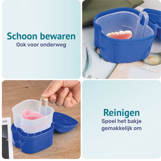 Alyze Gebitsbakje + borstel - Blauw - Voor prothese - Beugel - Kunstgebit - Bakje - Gebittenbakje