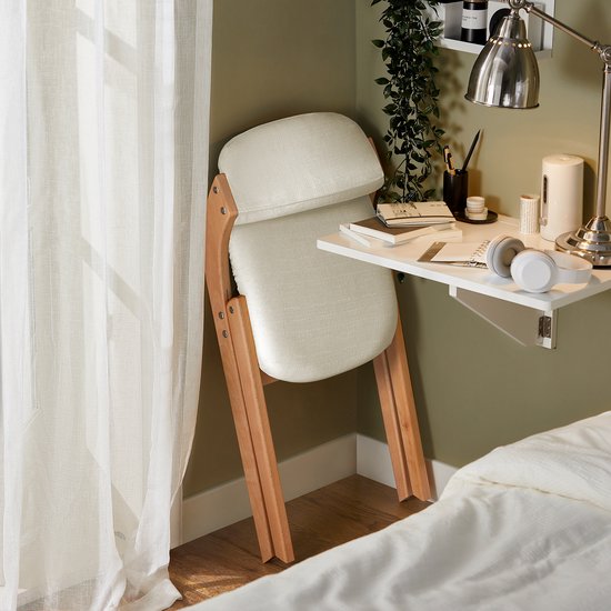 SoBuy Set van 2 Klapstoel, Bureaustoel met Gestoffeerd Zitkussen, Eetkamerstoel, Natuur/Wit, 47.5x77x59 cm, FST92-Wx2 - voor eetkamer, balkon of kantoor