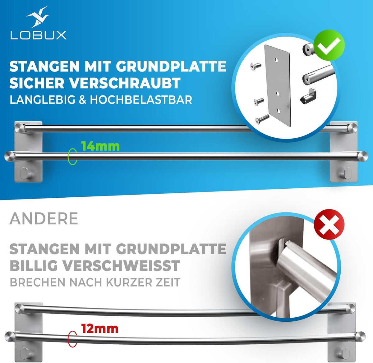 LOBUX® - Handdoekstang zonder boren - 80cm, roestvrij staal - Handdoekstang badkamer dubbel, zelfklevend - Handdoekstang, badhanddoekstang incl. 2 handdoekhaken - voor badkamer, douchewand, keuken