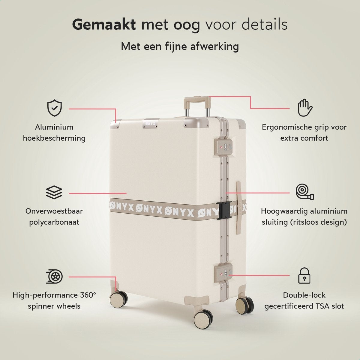 ONYX® - Check-in koffer 100L - TSA slot - Spinner wielen - Lichtgewicht trolley - Aluminium slot - Zand wit