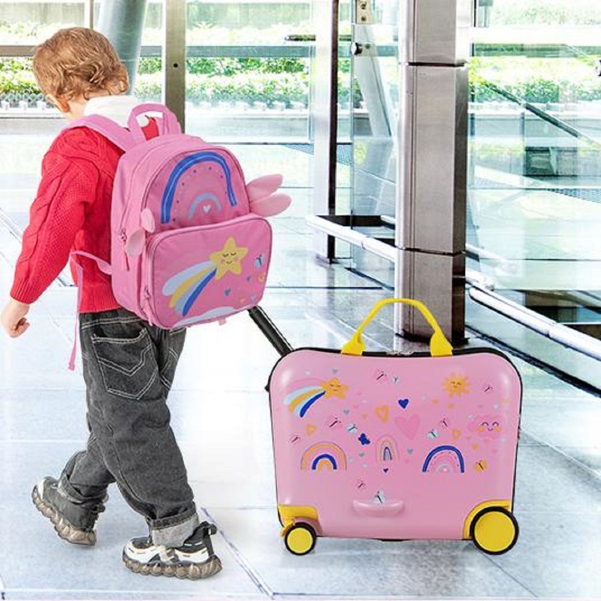 Coast Kinderkoffer en Rugzak Set - zitkoffer met bijenmotief - verstelbare handgreep - roze