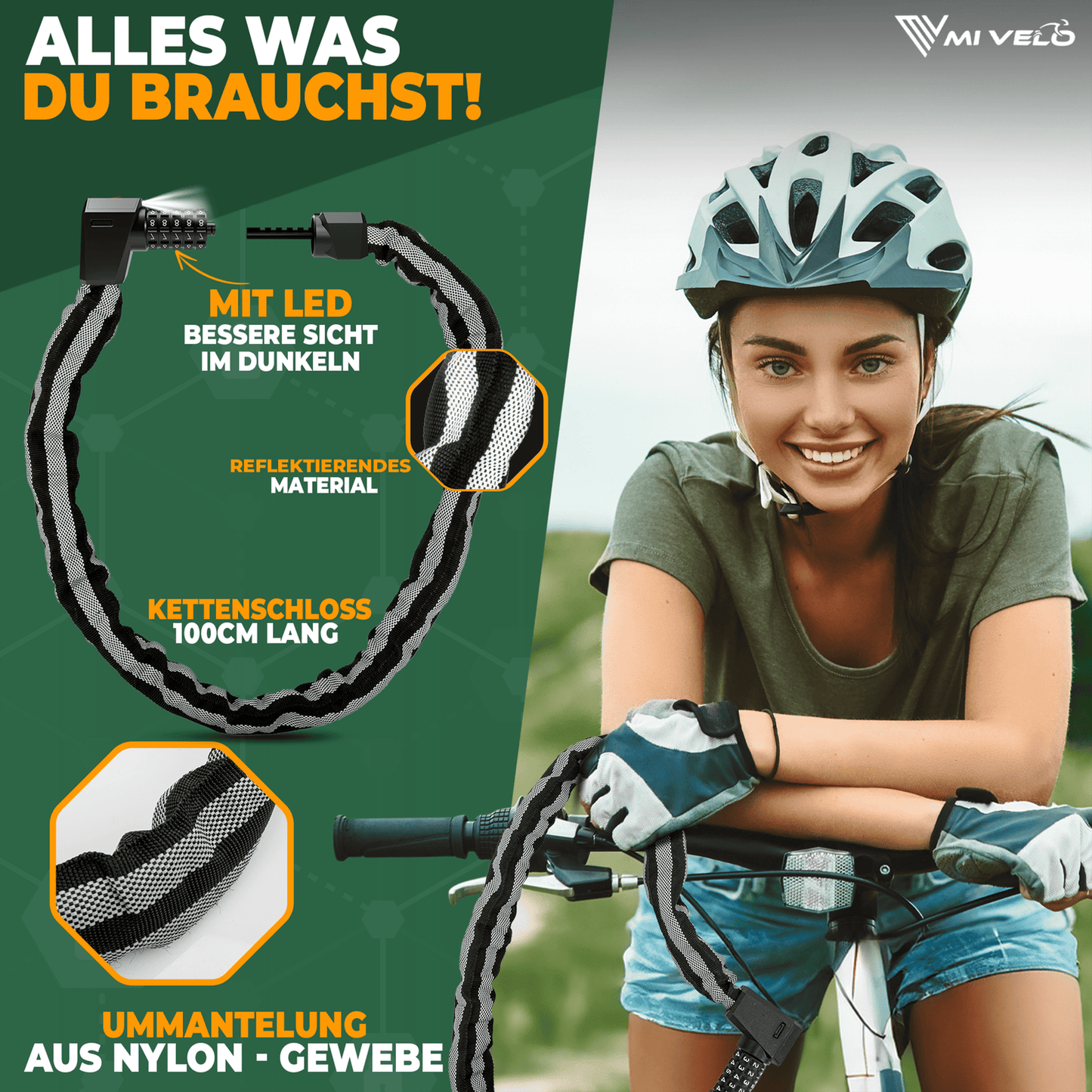 MIVELO - High-Security Kettingslot Met Cijferslot & LED - 100 cm Lang - Gehard Staal - 8 mm Dikte - Zwart