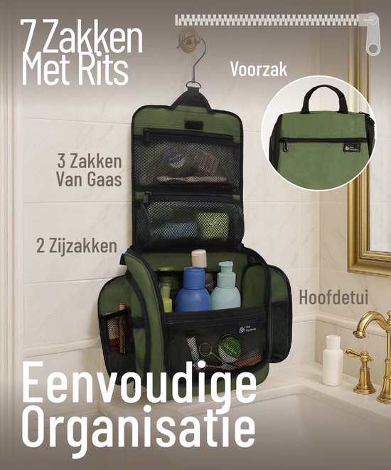 D&D Wanderlust Toilettas met Haak - Ophangbare Luxe Travel Organizer met 10 vakken - Groen - Unisex Dames & Heren - 6 liter inhoud - Reis Toilettas Hangend Groot - Make up Tasje
