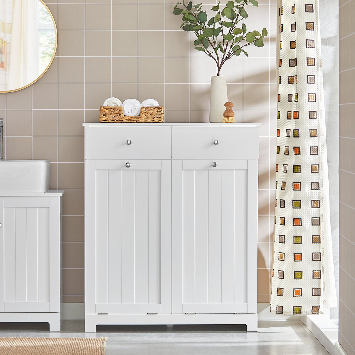 SoBuy BZR33-II-W Badkamerkast Met 2 Lades - 2 Verwijderbare Wasmanden – Modern Design – Wit – 78x38x90 cm