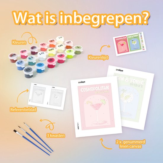 Rubye® Schilderen Op Nummer Volwassenen – Gin Tonic - Cocktails – Inclusief Verf en Penselen – Canvas Schildersdoek - Kleuren op Nummer - Dubbele Set - 15x20cm