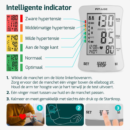 FITAGE Medische Bloeddrukmeter Bovenarm - Bloeddrukmeters - Hartslagmeter - Blood Pressure Monitor - Manchet 22-42cm - WIT