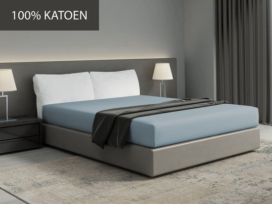DoubleDry Hoeslaken 100% Natuurlijk Katoen - Tweepersoons 180x200 cm - Zacht & Ademend - Rondom Elastiek - Lichtblauw