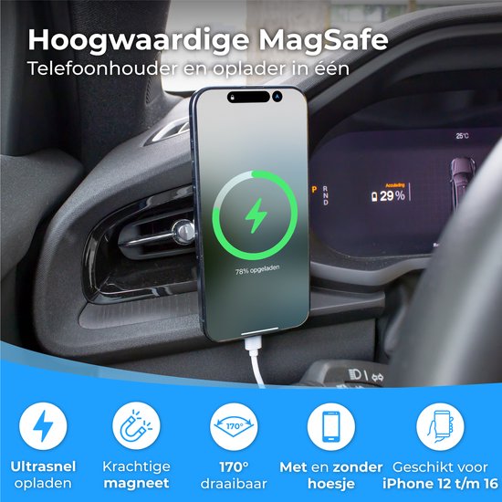 Nuvance - Telefoonhouders Auto - Geschikt voor MagSafe iPhone 12/13/14/15 - Telefoonhouder met Draadloze Oplader - Wit