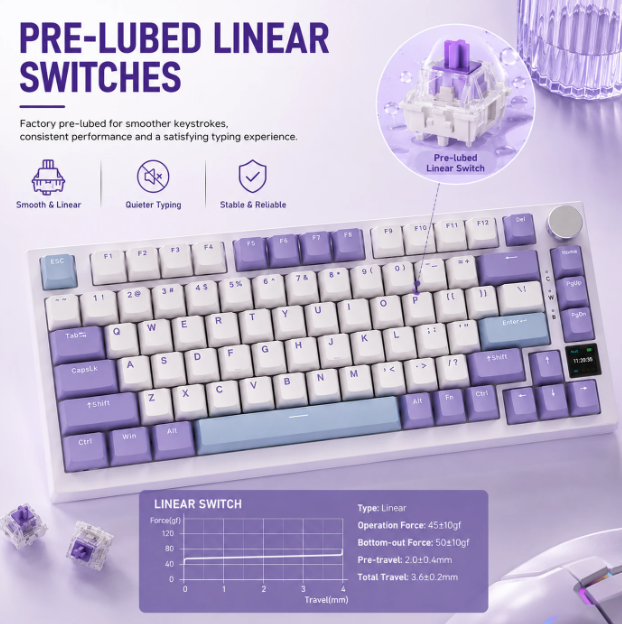 AJAZZ AK820 Pro Mechanisch Toetsenbord - 75% - QWERTY US - Tri-mode - TFT-display - RGB - Grijs - Sea Salt Purple Switches
