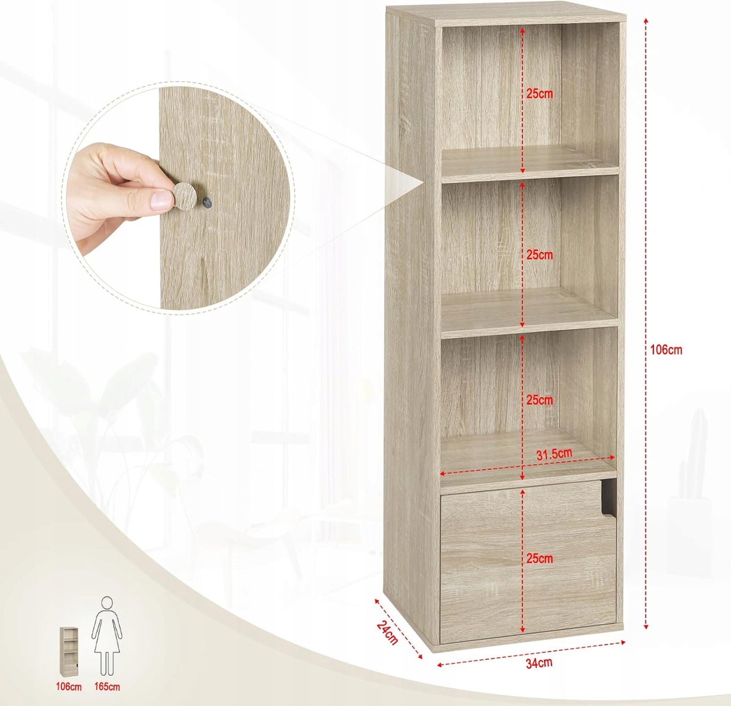 Woltu Smalle Boekenkast met Deurtje - Licht Eiken - 34 x 106 x 24 cm