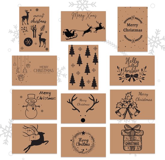 Giftmas - Kerstkaarten - Wenskaarten - 36 stuks - Met enveloppen en stickers - 10x15cm - Bruin