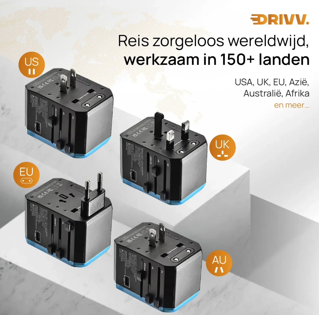 Drivv Universele Wereldstekker USB C - 6 Poorten - 2300W - Geschikt voor 150+ Landen
