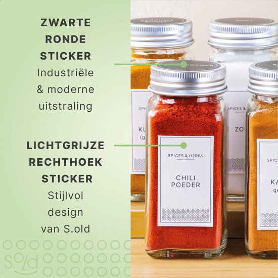 S.old - 36 Glazen Kruidenpotjes vierkant met Deksel - Kruidenstrooier - Complete set met Strooideksels, Voorbedrukte Stickers en Trechter - Inhoud 120 ml - 10,5 x 4,3 cm