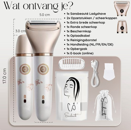 2-in-1 Ladyshave + 2 Extra Scheerkoppen - Gezicht - Oksels - Benen - Bikinilijn - Scheerapparaat Vrouw - Elektrisch Ontharen - Haarverwijderaar Dames - Trimmer Vrouw - Intieme Zone Schaamhaar - Ladyshaves Bikini