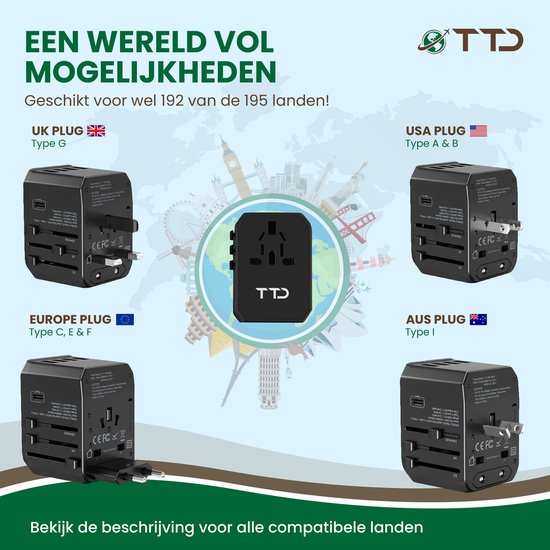 TTD® Wereldstekker Universeel - Reisstekker Type A B C E F G I met USB-C en 4x USB-A Fast Charge - Geschikt voor o.a. Amerika, Australië, Engeland en Japan - Reisadapter - Travel Adapter