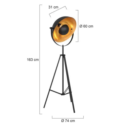 Vloerlamp Sunflower - 1-lichts - draaibaar en kantelbaar - E27 - 163 cm hoog - trendy design - woonkamer / slaapkamer - goud / zwart