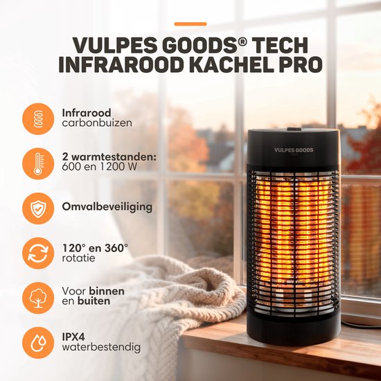 Vulpes Goods® Tech - Infrarood Verwarming - Elektrische Kachel - 1200W - 120°/360° Rotatie - 2 Warmtestanden - Compact & Draagbaar - IPX4 Waterbestendig - Zwart