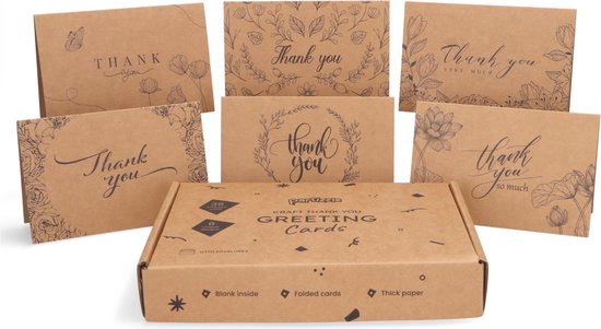 Partizzle 36x Kraft Bedankt Kaartjes Set - Thank You Cards - Wenskaarten - Ansichtkaarten - Kaarten met Enveloppen - 15x10 cm